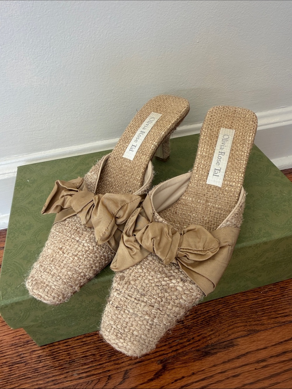 Olivia Rose Tal Woven Bow Mules in Beige/Tan